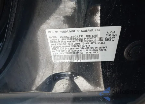 2019 Honda Pilot Touring from USA, damaged, VIN 5FNYF6H9XKB041456